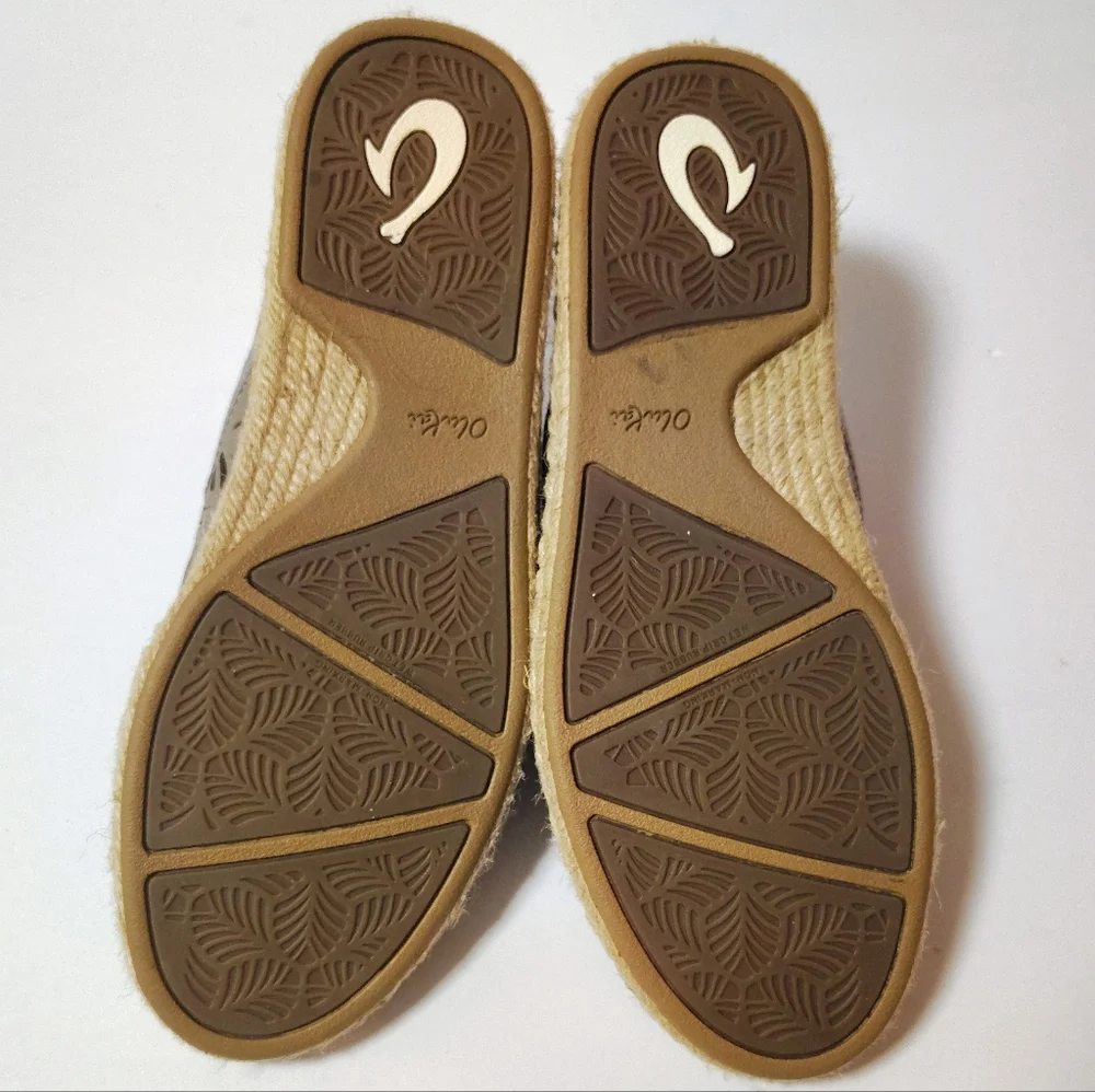 OluKai Women's Kaula 'Olu 'Ili Perforated Leather Espadrille Mules Grey Size 8